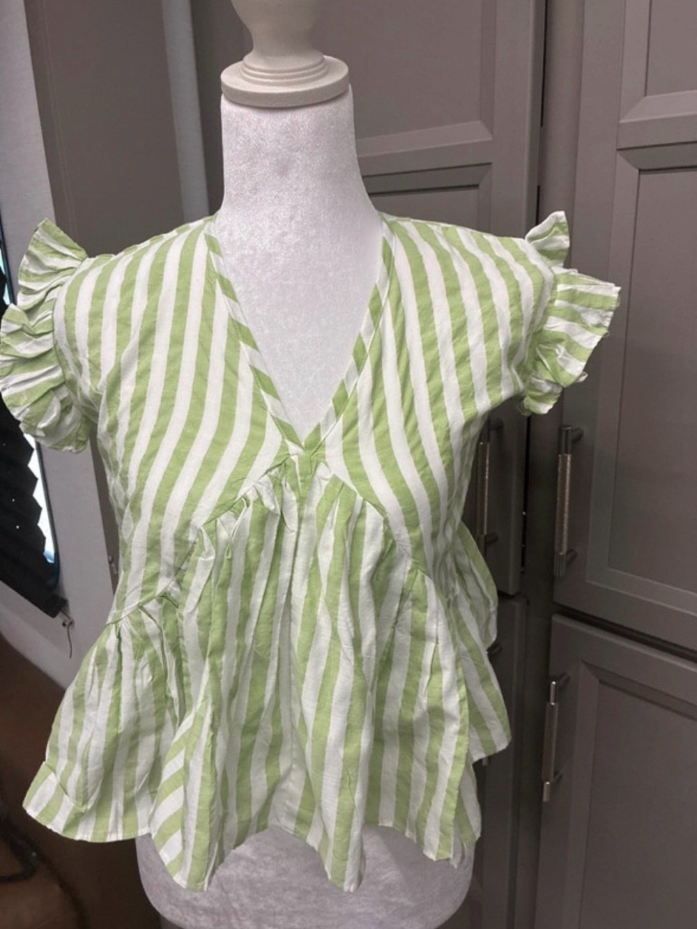 Girls Green & White Striped Ruffle Sleeve Top by